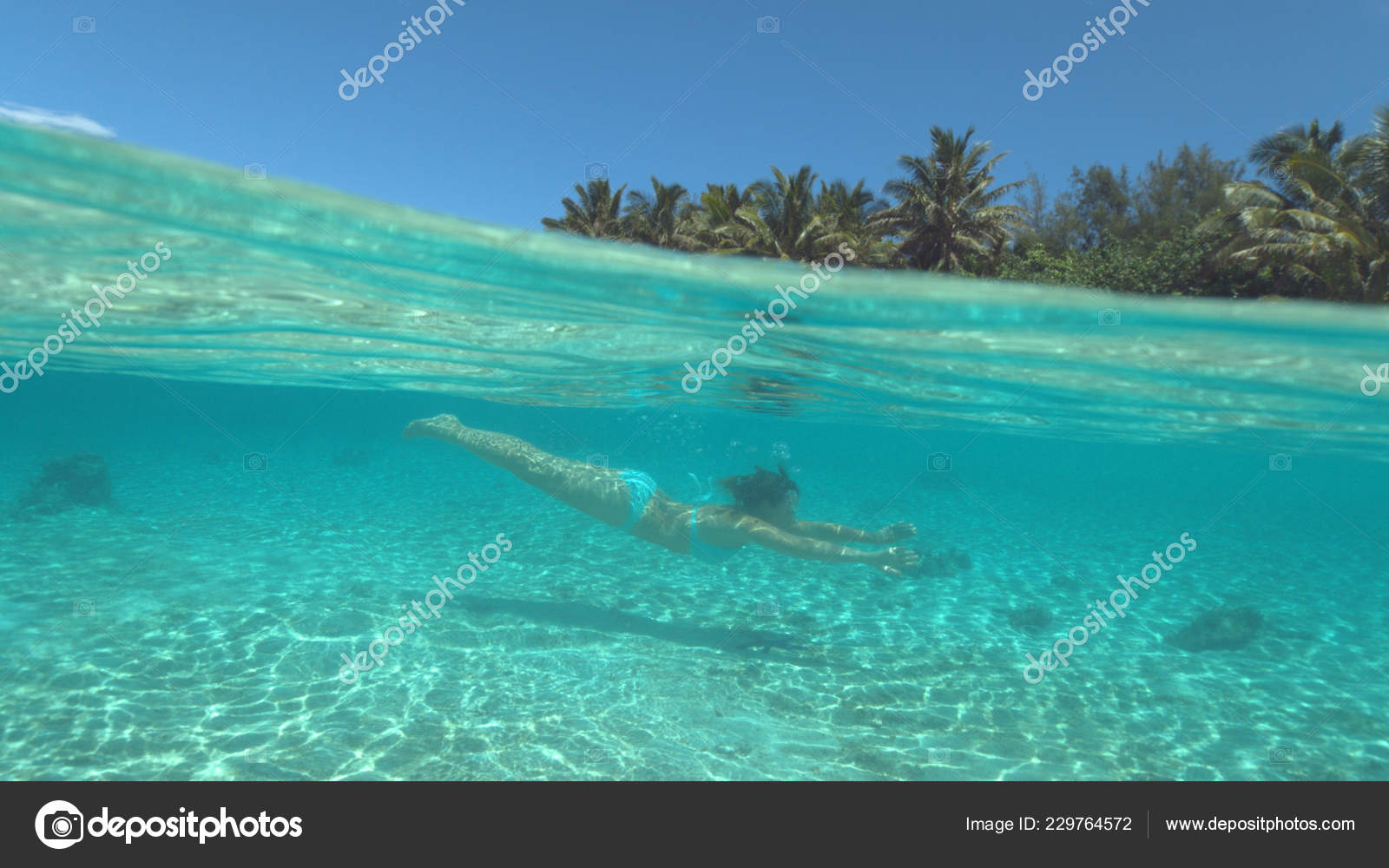 Half Underwater Active Girl Vacation Dives Dark Starfish Sitting