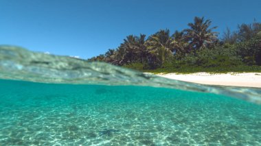Yarım su altı: Tropik ada muhteşem kumsalda filme kamera geçmiş dalga küçük kristal berraklığında okyanus rulo. Güzel tatil hedef çarpıcı Pasifik nefes kesen atış.