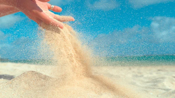 Close Unknown Young Woman Lets Sand Fall Her Soft Hands — Stock fotografie