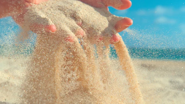 Close Unknown Young Woman Scattering Hot White Sand Her Gentle — Stock Photo, Image