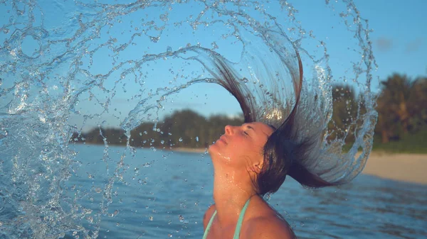 Close Happy Caucasian Girl Sprays Glistening Water Flipping Her Hair — Stock Photo, Image