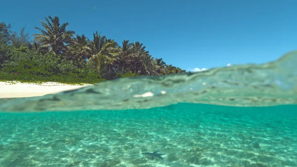 Half Underwater Vue Spectaculaire Sur Océan Cristallin Plage Exotique Isolée — Photo