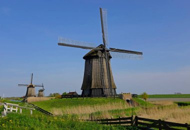 Beautiful view of wooden windmills near a small canal running through the vast Dutch countryside. Spectacular view of calm river flowing past the historic mills in Netherlands on a sunny summer day.