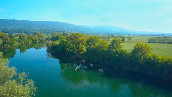 Aerial Active Tourists Fun Summer Canoe Trip Beautiful Slovenia Paddle — Stock Photo, Image