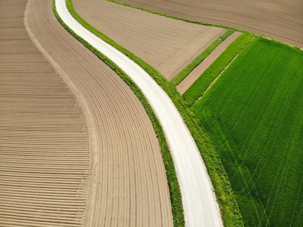 Aerial Empty Concrete Trail Winds Picturesque Rural Landscape Sunny Slovenia — Zdjęcie stockowe