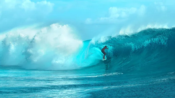Giant Emerald Tube Wave Crashes Wildly Extreme Pro Sportsman Surfing — Stock Photo, Image