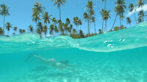Half Half Joven Turista Haciendo Snorkel Impresionante Agua Del Océano —  Fotos de Stock