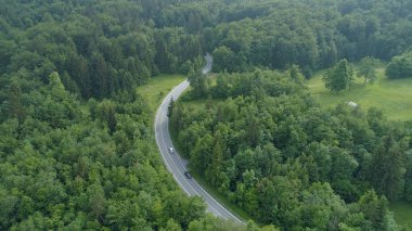 Hava: Slovenya koyu yeşil orman yoluyla sarma asfalt yolda araba otomobiller üzerinde uçan. Güzel kırsal ve kıvrımlı yol çalışan ormana geçmiş sinematik havadan görünümü.