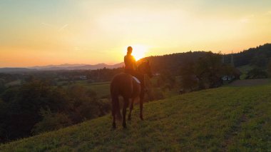Anteni, Lens Flare: Uçan at üstünde oturan ve güzel günbatımı gözlemleyerek tanınmaz kızımın yanında. Genç horseback binici nefes kesen Sloven kırsal bir güneşli sabah gözlemler..