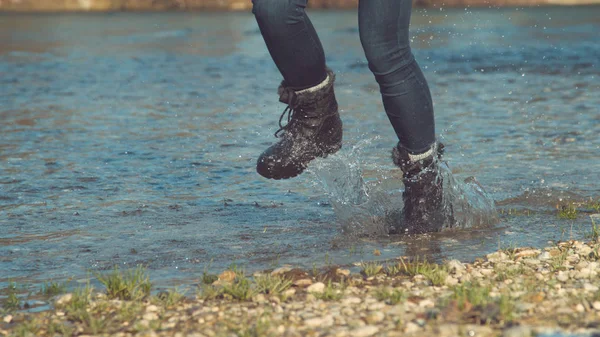 Low Angle Unrecognizable Playful Woman Furry Boots Enjoying Autumn Running — Stock Photo, Image