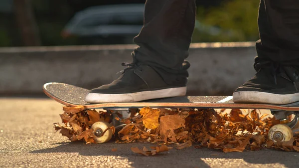 Bassa Angolo Chiusura Uomo Irriconoscibile Cavalca Suo Skateboard Sopra Foglie — Foto Stock