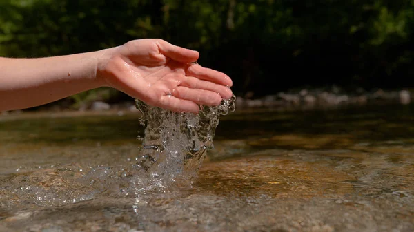 Close Copy Space Unknown Girl Scoops Handful Water Tranquil Brook — Stockfoto