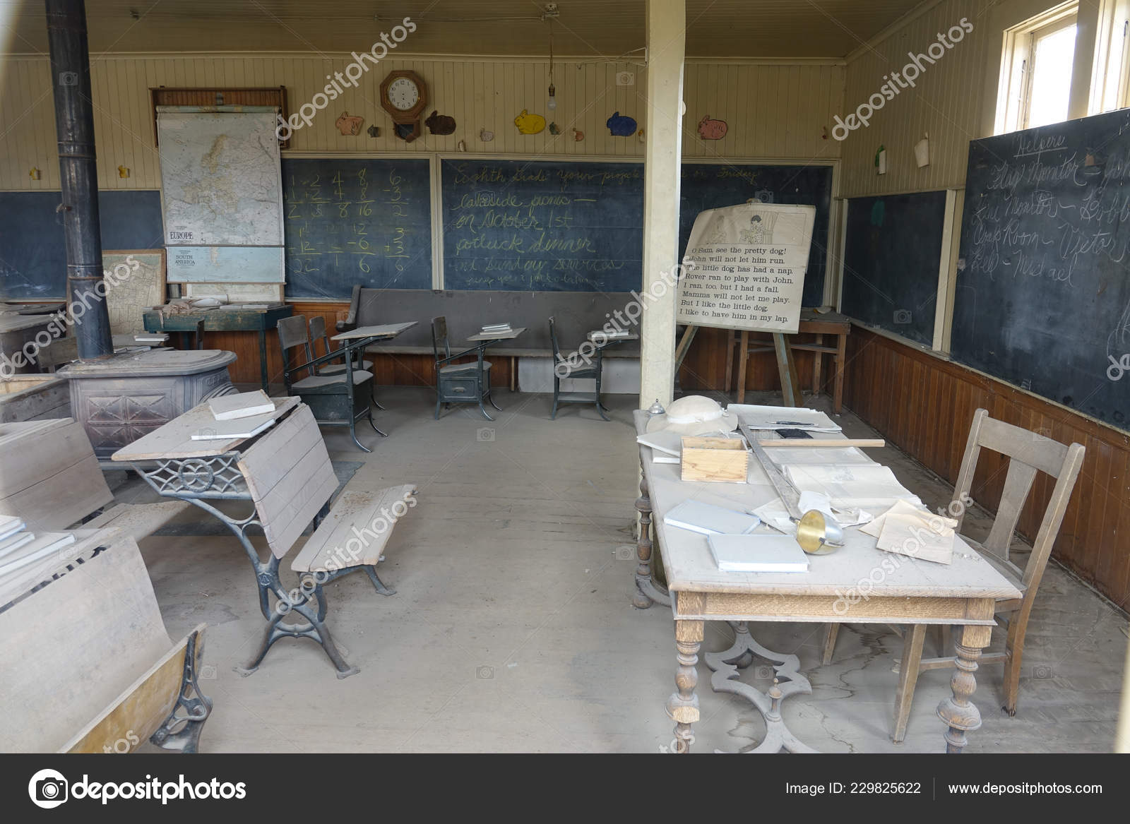 Dust Gathering Wooden Desks Chairs Abandoned Elementary School