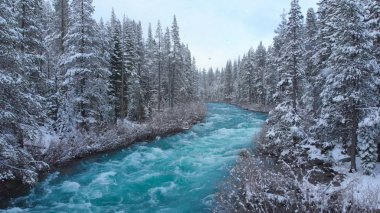 Beautiful turquoise river in snowy valley clipart