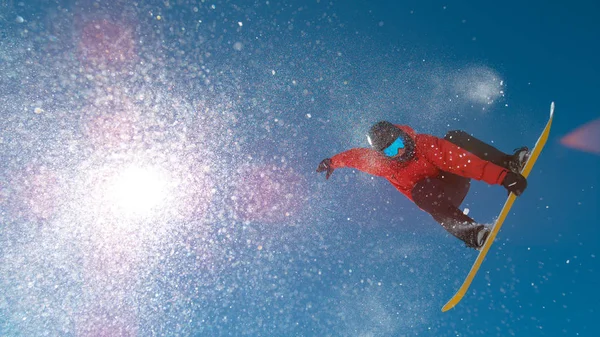 Bottom Lens Flare Extreme Pro Snowboarder Flies Air Does Trick — Stock Photo, Image