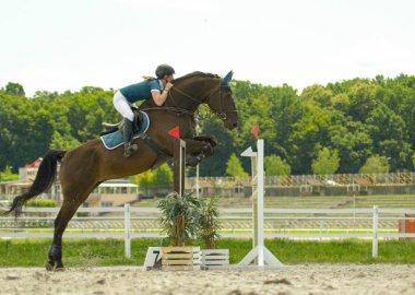 Onun kahverengi safkan at binme ve kumlu rotayı çitin üstünden atlayarak kız jokey. Kadın pro horseback binici ve onu aygır engel atlama yarışma sırasında temizleyin.