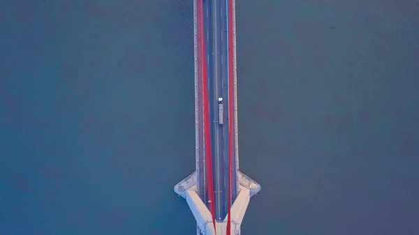 Aerial Top Countless Cars Motorcycles Drive Large Modern Suspension Bridge — Stock Photo, Image