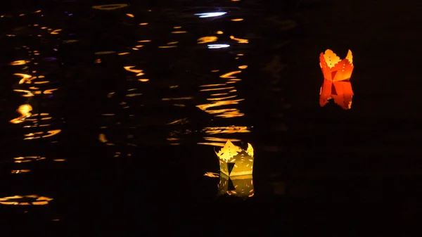 Close Lanterns Glowing Dark Full Moon Festival Hoi Two Candles — Stock Photo, Image