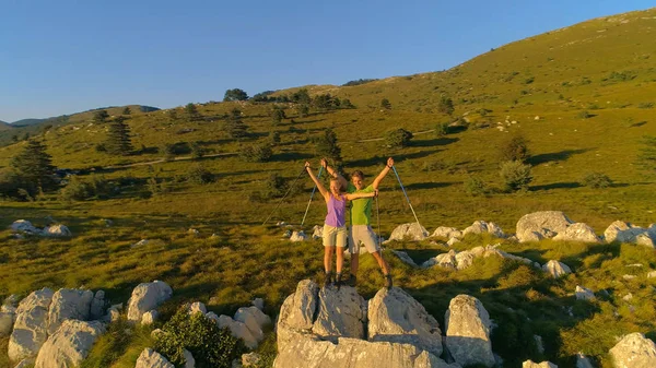 Aerial Alegre Pareja Excursionistas Celebra Llegar Cima Montaña Cubierta Hierba —  Fotos de Stock