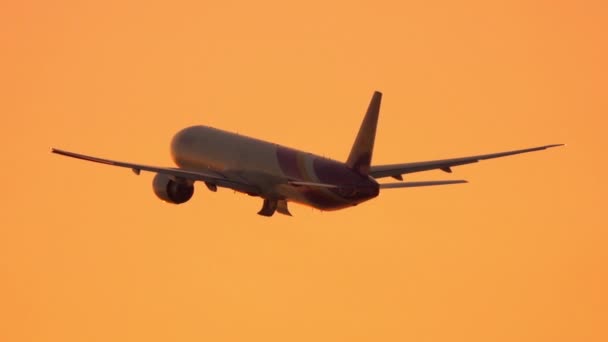 インドネシア 2016年12月 クローズアップ 金色の夕日に飛ぶ旅客機 日の出の日当たりの良い黄金の空に対して飛ぶ旅客機ジェット — ストック動画