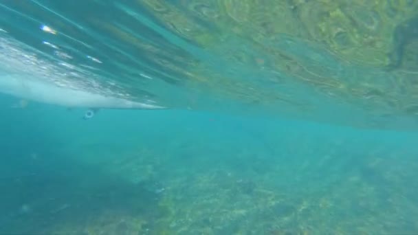 スローモーション サーフボードでガラス張りの海の波に乗って認識できないサーファー 白いサーフボードの滑空とターコイズブルーの海水を彫刻し それがカメラを通過するように波紋を作ります — ストック動画
