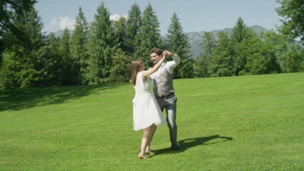 Slow Motion Newlyweds Happily Dancing Park Wedding Young Man Woman — Stock Video