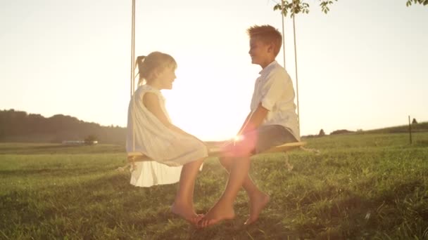 Lent Motion Fermer Frère Sœur Souriants Assis Sur Une Balançoire — Video