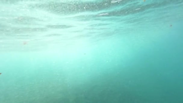 MOTION LENT SOUS L'EAU : Vagues se formant sur le dessus d'un verre comme la surface de la mer. Océan bleu ciel clair avec de nombreuses bulles d'air se formant sous l'eau en raison de la rupture des vagues. Nature pure et envoûtante chez Lobos 