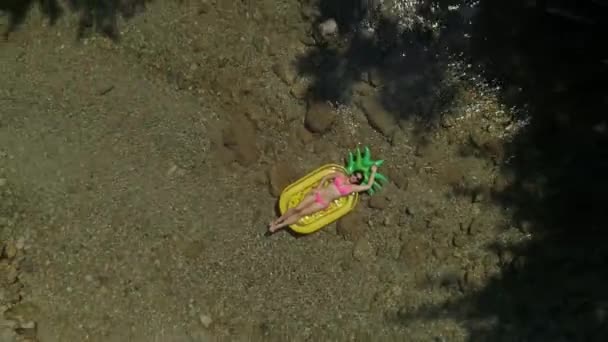 Arriba Aerial Mujer Joven Acostada Piña Flotante Río Local Rodeada — Vídeos de Stock