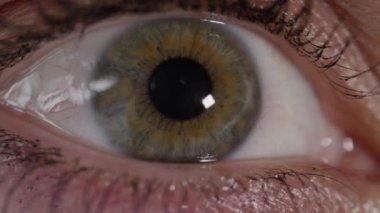 Slow Motion Close Up: Sağa ve sola bakan oldukça yeşil gözün detayı. Kadın göz göz bebeği o etrafa bakarken daralma. Bir göz okuma makro çekim, göz bebeği ve iris daha büyük ve daha küçük oluyor