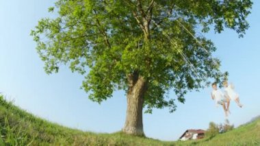Yavaş Hareket Düşük Açılı Oyuncu küçük çocuklar büyük bir yeşil ağacın altında ahşap bir salıncak üzerinde sallanan zevk. Gülümseyen erkek ve kız açık havada sallanan. Mutlu erkek ve kız kardeşi güneşli bir günde bir salıncak seti