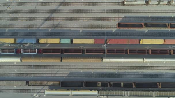 空中自上而下 在阳光明媚的日子里 在工业火车站 空货列车飞过货运集装箱 工业铁路码头上的空铁路和出口集装箱列车 — 图库视频影像