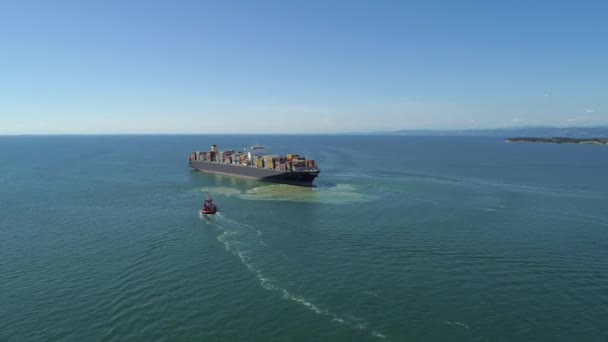Antenne Groot Containerschip Vol Met Rand Langzaam Internationale Oceaan Haven — Stockvideo
