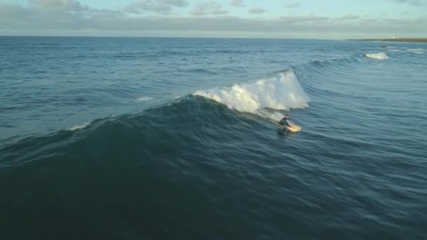 Aerial Pro Mannelijke Surfer Surfplank Paardrijden Golven Vallen Vroege Ochtend — Stockvideo