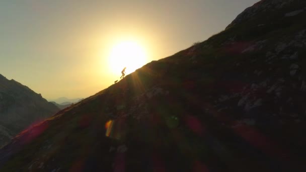 空中剪影 相机沿着女性徒步旅行者和狗的剪影在绚丽的金色风景前走在一座草丛中 年轻的女性和小狗在日落时升山 — 图库视频影像