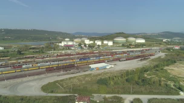 Koper Slovenia June 2017 Aerial Big Industrial Zone Cargo Trains — Stock Video