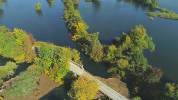 Aerial Синій Автомобіль Ховається Знову Являється Осінніх Кольорових Деревах Коли — стокове відео