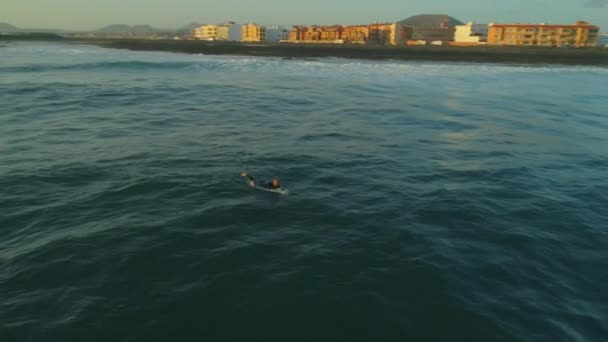 Aerial Slow Motion Surfer Peddelen Een Surfplank Het Eiland Fuerteventura — Stockvideo