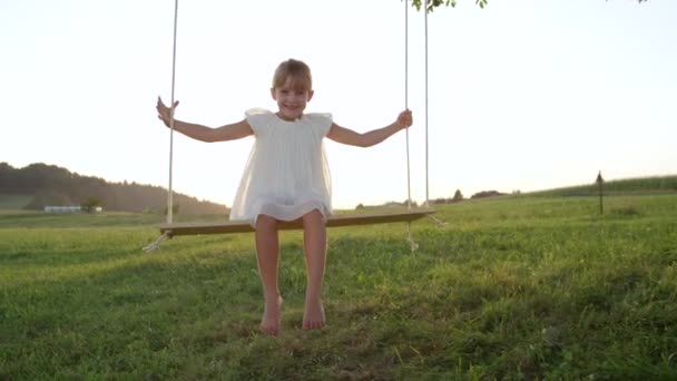 Slow Motion Close Smiling Little Girl Swaying Swing Golden Summer — Stock Video