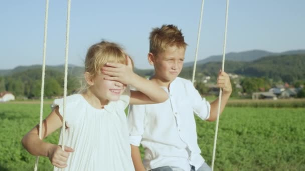 Slow Motion Close Playful Smiling Kids Having Fun Swinging Big — Stock Video