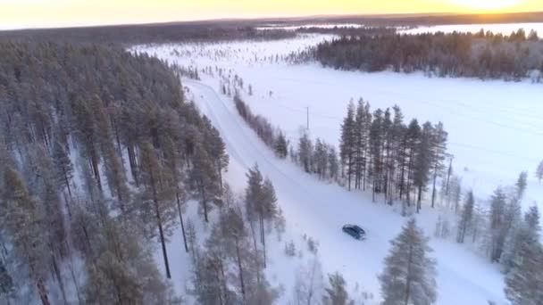 Lotnictwo Latające Nad Niebieskim Samochodem Jadącym Przez Zaśnieżony Borealny Las — Wideo stockowe