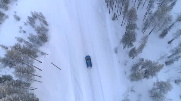 空中ダウン トップ 青い車のラップランドの荒野で冷ややかなトウヒ密林を通って滑りやすい雪道運転 自動車道路上の人々 が白い松の木が点在する氷のフィンランド風景全体旅行します — ストック動画