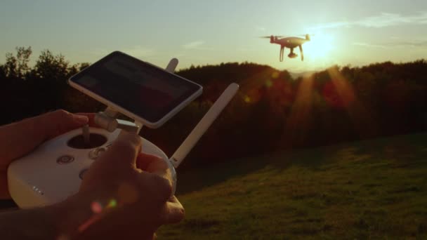 Slow Motion Close Man Hands Flying Quadro Drone Modern White — стоковое видео