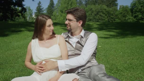 Slow Motion Young Soon Parents Sharing Intimate Moment Caressing Pregnant — Stock Video