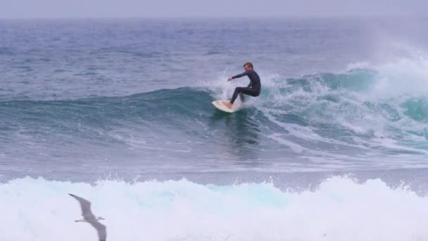 Oktober 2017 Fuerteventura Kanarische Inseln Zeitlupe Der Junge Männliche Surfboarder — Stockvideo