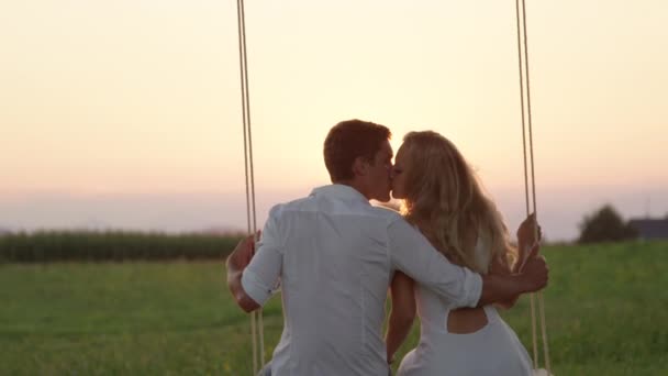 Slow Motion Close Joyous Girlfriend Boyfriend Kissing Laughing Swing Summer — 비디오