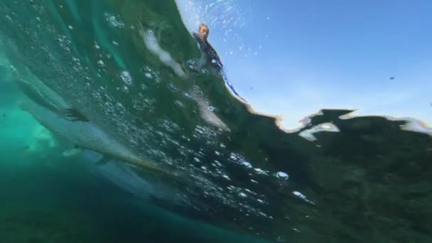 Underwater Slow Motion Closeup Extreme Male Surfer Riding Glassy Wave — Stock Video