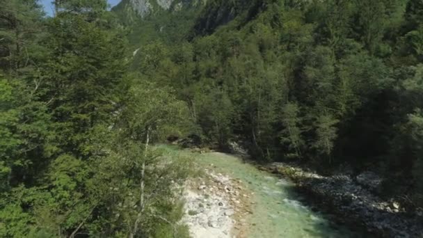 カヤックは晴れた夏の日に魅惑的なエメラルドグリーンの川を下りようとしている 美しいソカ渓谷の素晴らしさを探索する観光客 スロベニアの自然の冒険に人々のグループ — ストック動画