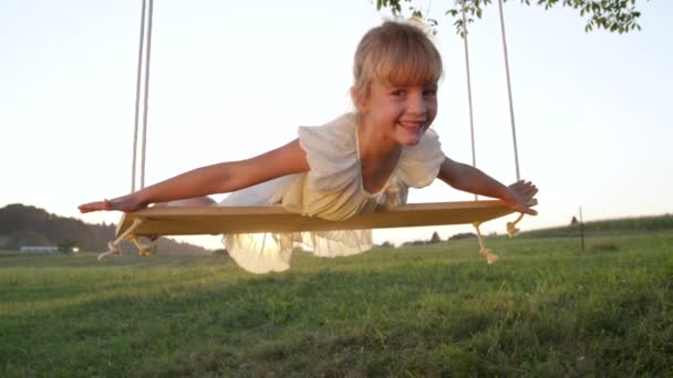 Slow Motion Portrait Happy Playful Child Pretending She Flying Wooden — Stock Video