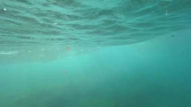 Yavaş Hareket Sualtı: Su yüzeyi gibi cam bir varil içine ışınlanan güneş ışınları için bir lens olarak hareket eder. Lobos adasında derin turkuaz okyanus. Rüzgarlı hava nedeniyle oluşan dalgalar.